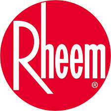 Rheem logo in white text on a red circular background