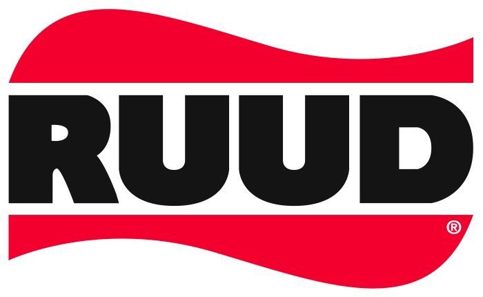 RUUD logo in black on white with red swooshes above and below