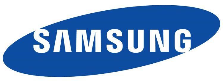 Samsung logo in white on a blue oval background