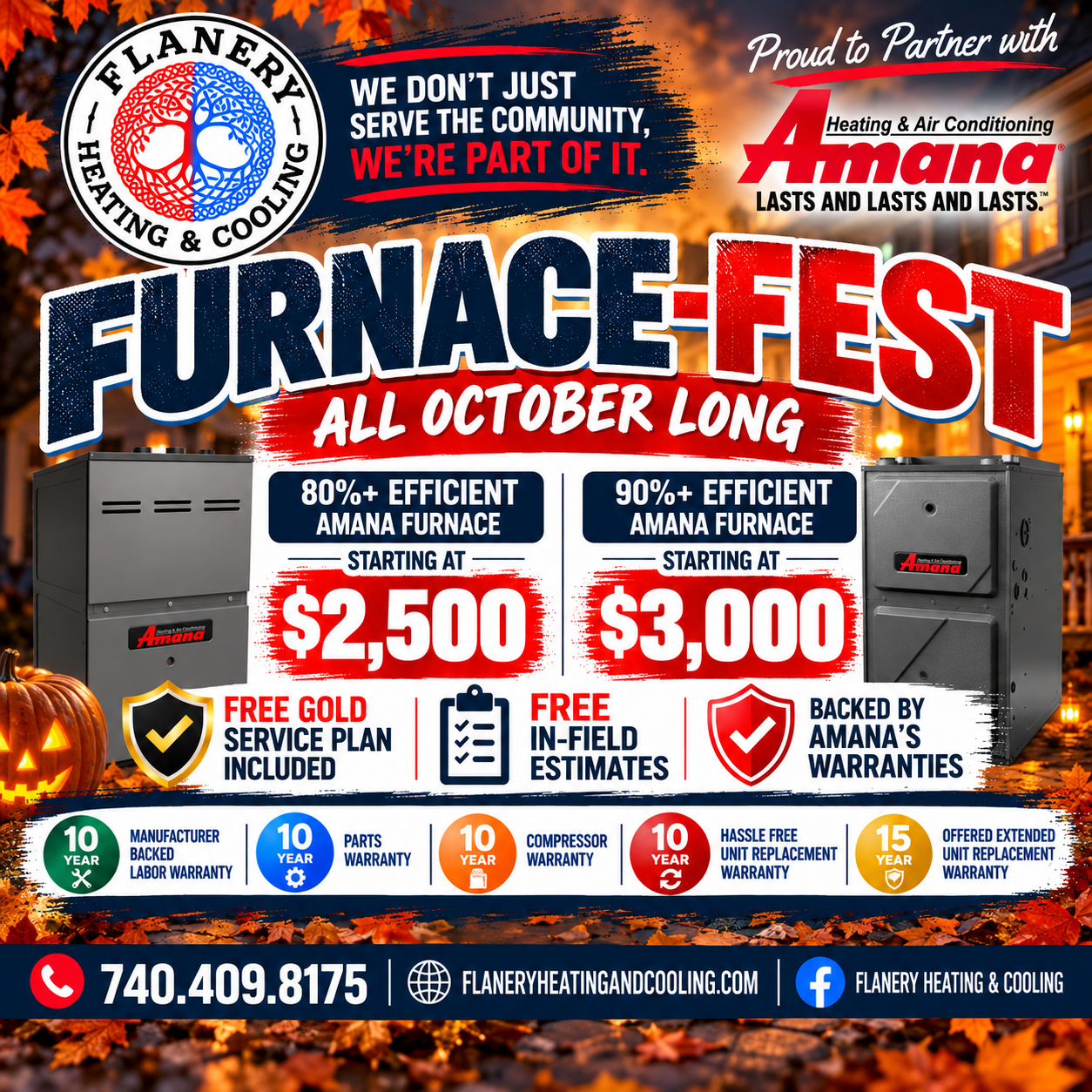 Furnace Fest ad with two Amana furnace units, orange flames, and October-long sale prices of $2,500 and $3,000