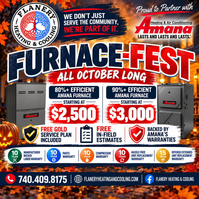 Promotional ad for Furnace Fest, all October long, with furnace pricing, logos, and a Halloween theme