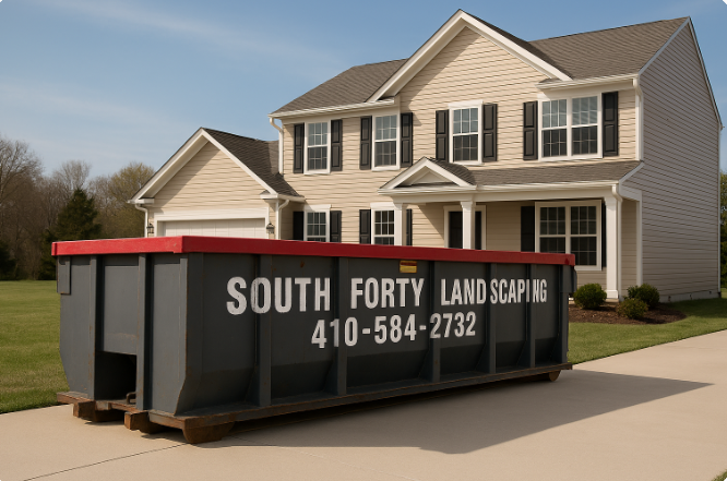 A large, grey South Forty Landscaping dumpster sits on a concrete driveway in front of a suburban house.