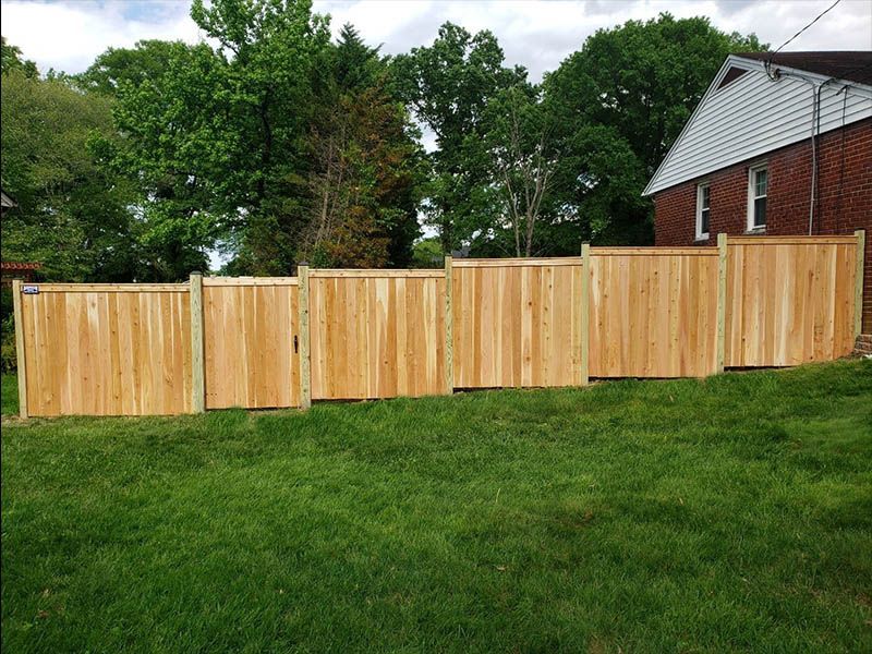 A wooden fence in a grassy backyard against a backdrop of trees and a brick house.