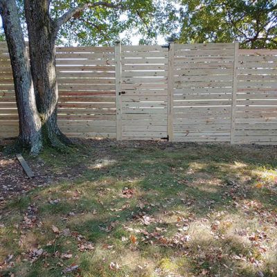 A wooden fence with a gate in a backyard surrounded by trees.
