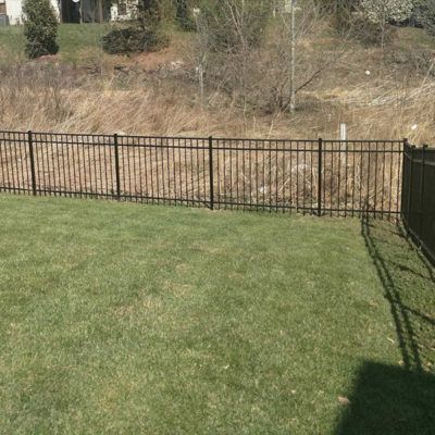 A black metal fence surrounds a lush green lawn.