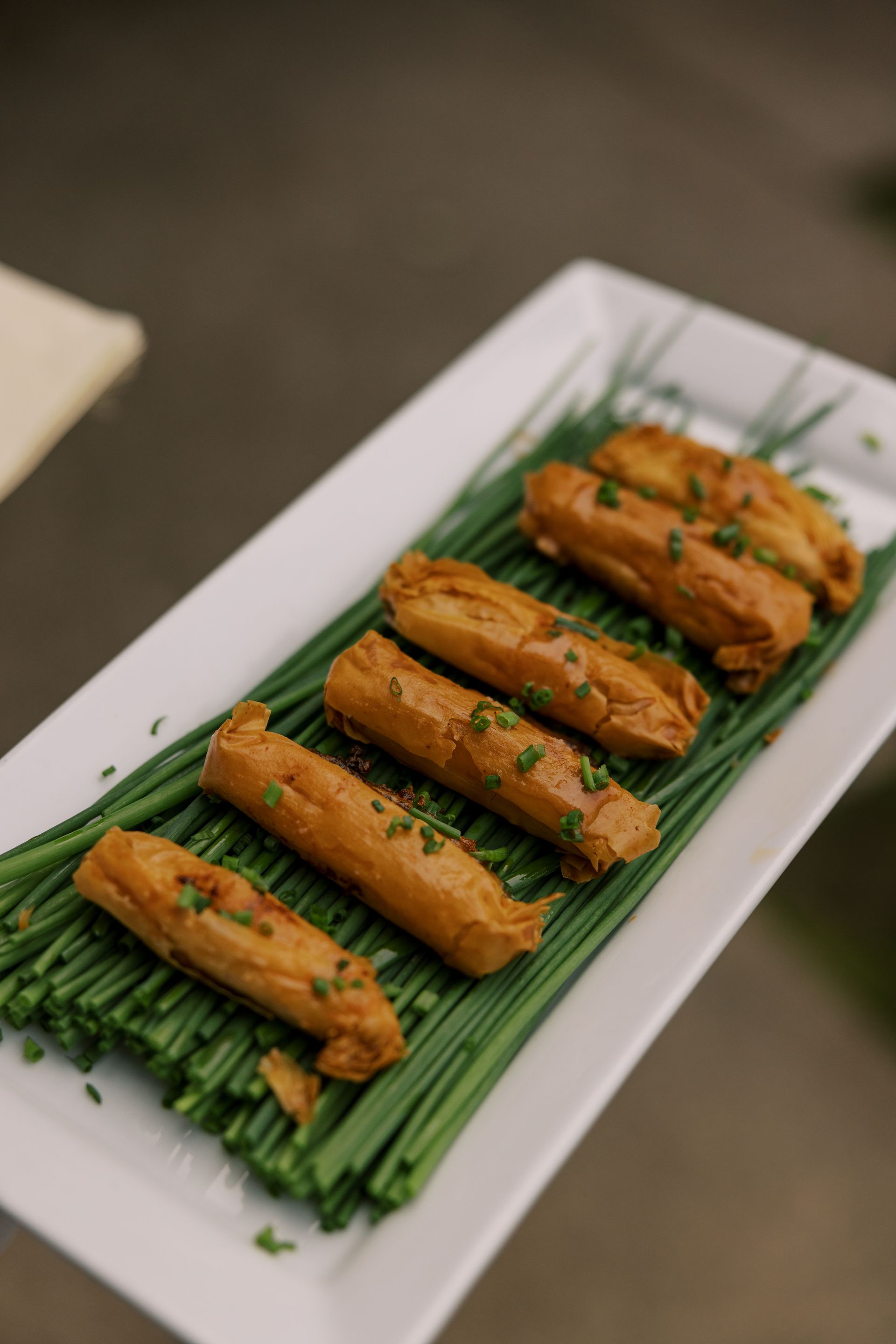 Plate of golden-brown food rolls garnished with chopped chives, arranged on a bed of green chives on a white rectangular plate.