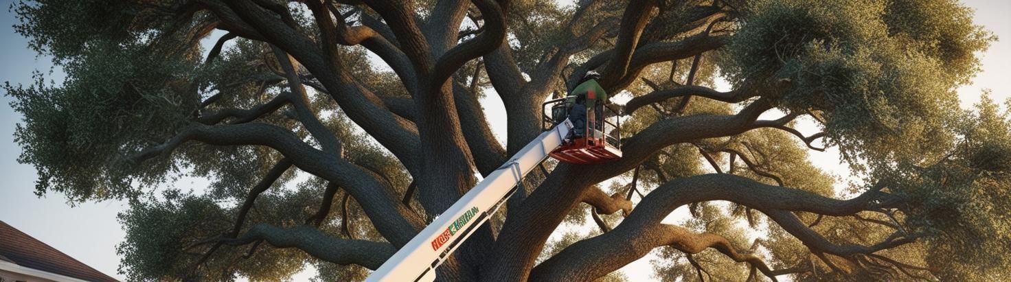 AI generated image of man pruning tree from a high reach truck