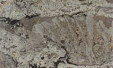 Close-up of granite with swirling gray, white, and brown patterns.