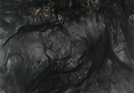 Dark, textured surface, possibly stone or rock, with varying shades of gray and black; some lighter brown patches.