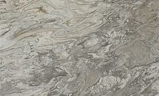 Close-up of a countertop with a swirling pattern of gray, white, and tan colors.