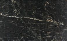 Black marble slab with white and gold veining.