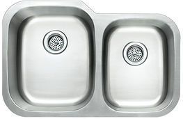 Stainless steel double kitchen sink with two basins.
