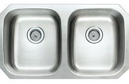 Stainless steel double kitchen sink with two basin drains.