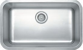 Stainless steel, rectangular kitchen sink with drain in center.