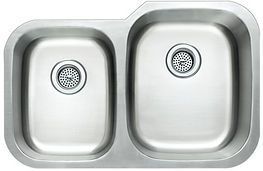 Stainless steel double kitchen sink with two basins.
