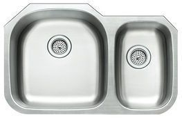 Stainless steel, double-bowl kitchen sink with built-in drain strainers.