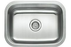 Stainless steel kitchen sink with rounded corners and centered drain.