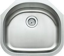 Stainless steel kitchen sink with rounded corners and centered drain.