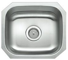 Stainless steel kitchen sink with drain.