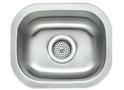 Stainless steel kitchen sink with rounded corners and a drain.