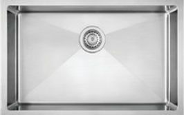 Stainless steel kitchen sink, rectangular with central drain.