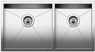 Stainless steel double kitchen sink with two square bowls.