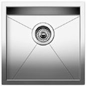 Stainless steel square kitchen sink with drain in the center.