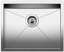 Stainless steel kitchen sink with center drain.