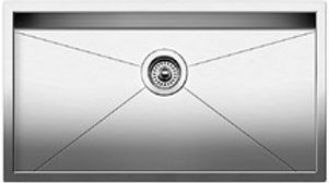 Stainless steel kitchen sink, rectangular with angled drain area.