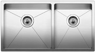 Stainless steel double kitchen sink with two square basins and drain holes.