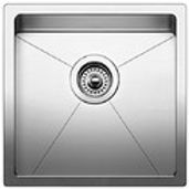 Stainless steel square kitchen sink with drain.