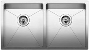 Stainless steel double-basin kitchen sink. Square basins with drains.