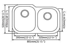 Diagram of a double-bowl kitchen sink with labeled dimensions in millimeters and inches.