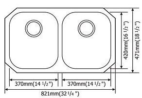 Top-down view of a double kitchen sink with dimensions labeled in millimeters and inches.