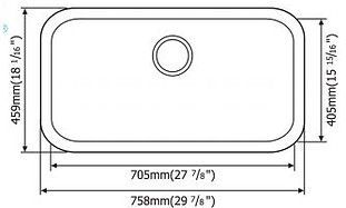 Diagram of a rectangular sink with dimensions: 758mm x 459mm, interior: 705mm x 405mm, with a central drain.