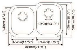 Diagram of a double kitchen sink with dimensions in millimeters and inches.