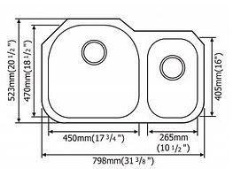 Diagram of a double kitchen sink with dimensions in millimeters and inches: length 798mm, width 405mm.