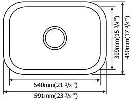 Diagram of a rectangular sink with dimensions in millimeters and inches.