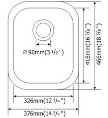 Top-down diagram of a square kitchen sink with dimensions in millimeters and inches.