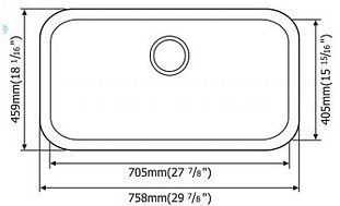 Diagram of a rectangular sink with dimensions in millimeters and inches.