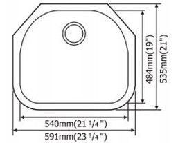 Top-down view of a corner sink with dimensions in millimeters and inches.