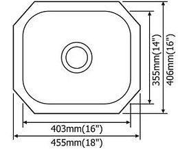 Diagram of a stainless steel kitchen sink with dimensional measurements: 455mm (18