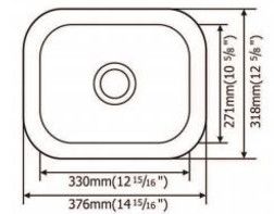 Diagram of a rectangular sink with rounded corners, showing dimensions in millimeters and inches.