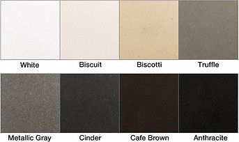 Color swatches of White, Biscuit, Biscotti, Truffle, Metallic Gray, Cinder, Cafe Brown, and Anthracite.