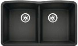 Black double-bowl kitchen sink with silver drain fittings.