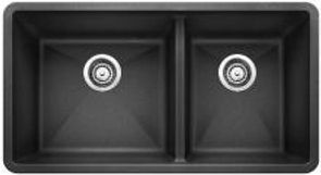 Black double kitchen sink with two basin drains.
