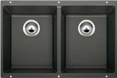 Dark gray double kitchen sink with two basin drains.