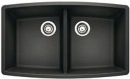 Black double-basin kitchen sink with two drain holes.