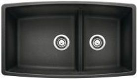 Black, double-bowl kitchen sink with two drain holes.