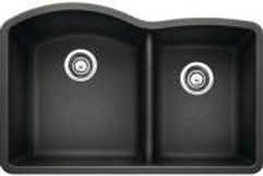 Black granite double kitchen sink with two basins and silver drain stoppers.